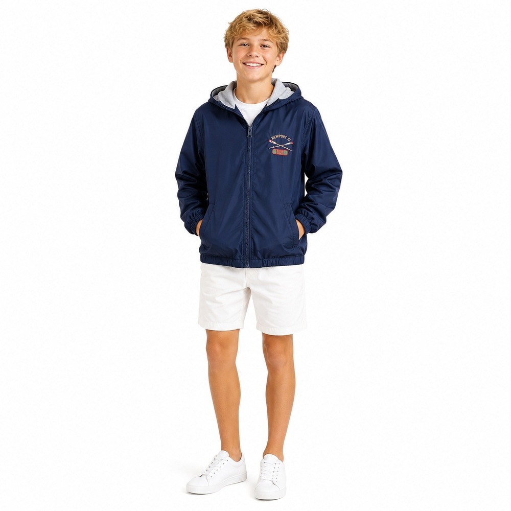 Acadia Windbreaker Kids M 10/12 Navy Blue Newport RI USA‎ Nautical Hooded Jacket